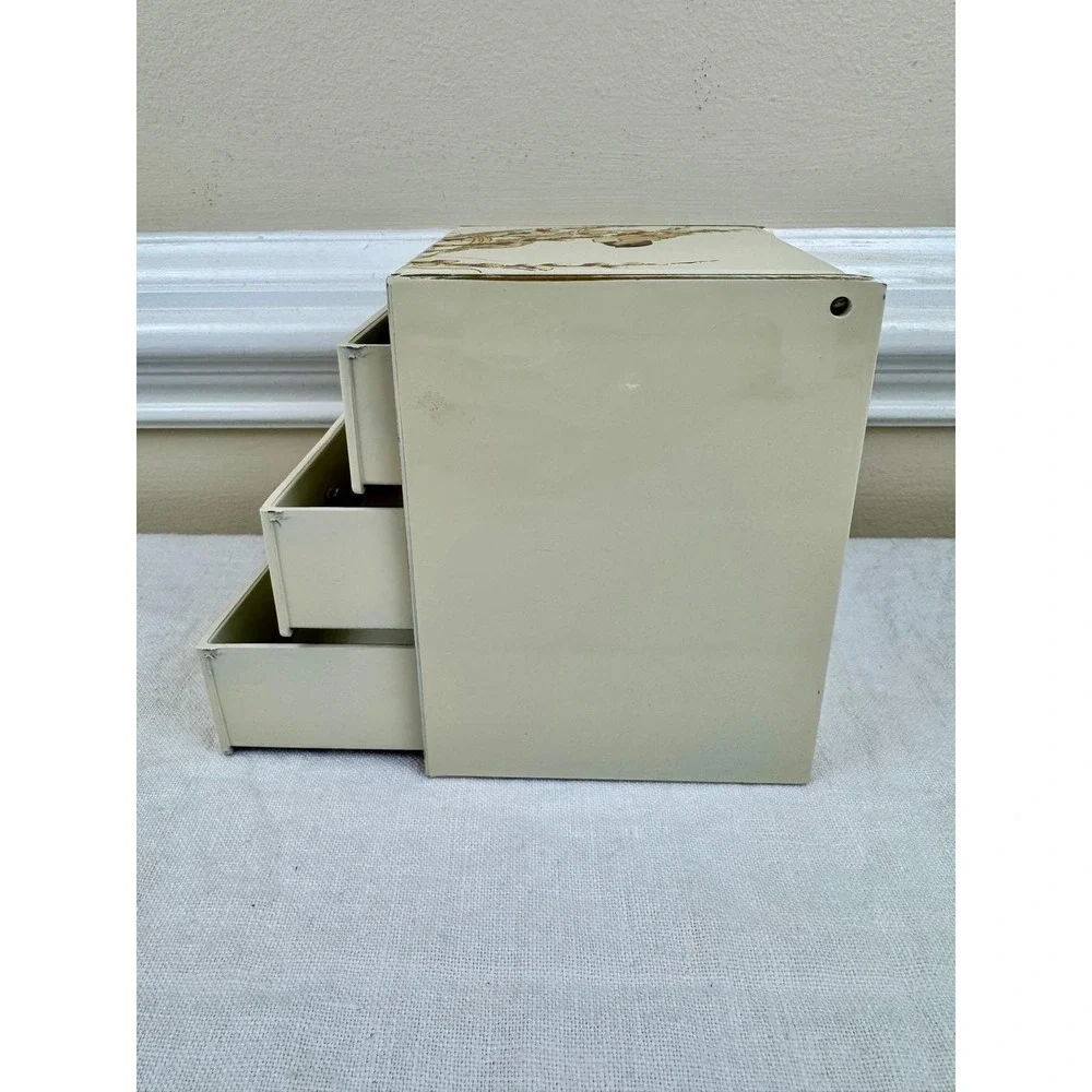 Vintage Otagiri Lacquerware Asian Bird Jewelry Box 3 Drawer Mirror Cream Mini